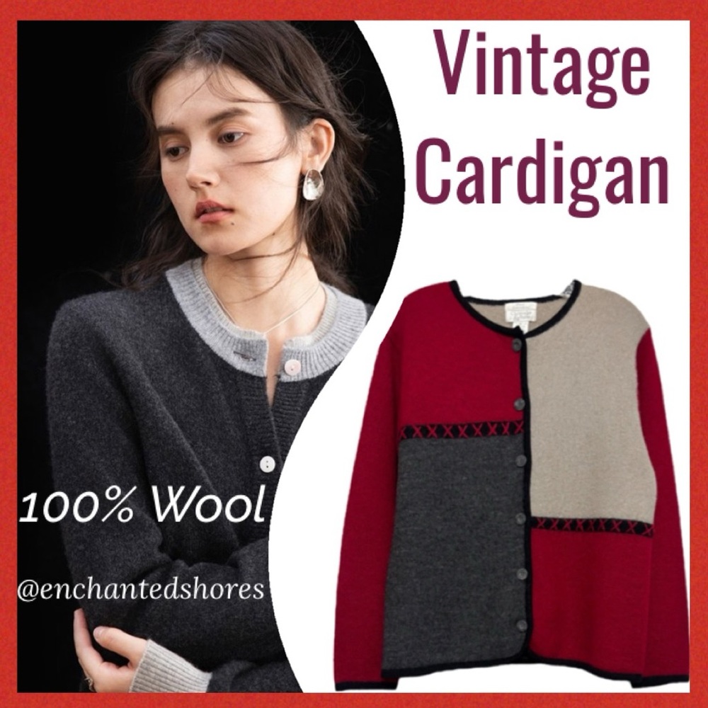 Wool Cardigan Sweater Jacket Hand Embroidered Vintage Colorblock Red Tan Beige